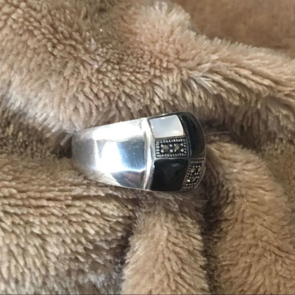 Mother of Pearl Onyx Inlay Marcasite Sterling Silver 925 Mosaic Ring Sz 8 - Picture 7 of 10